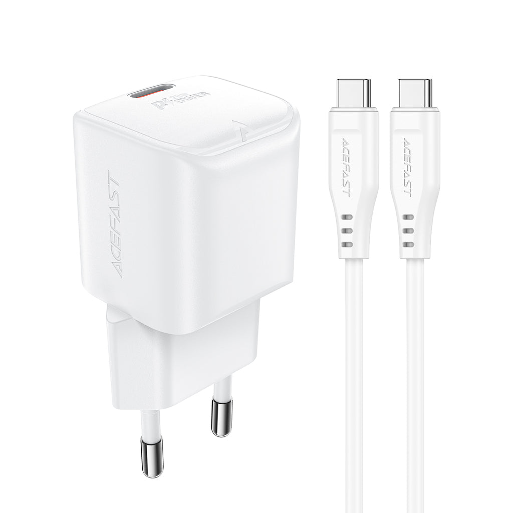 Acefast A73 Mini PD 20W GaN sieninis įkroviklis + USB-C laidas - baltas