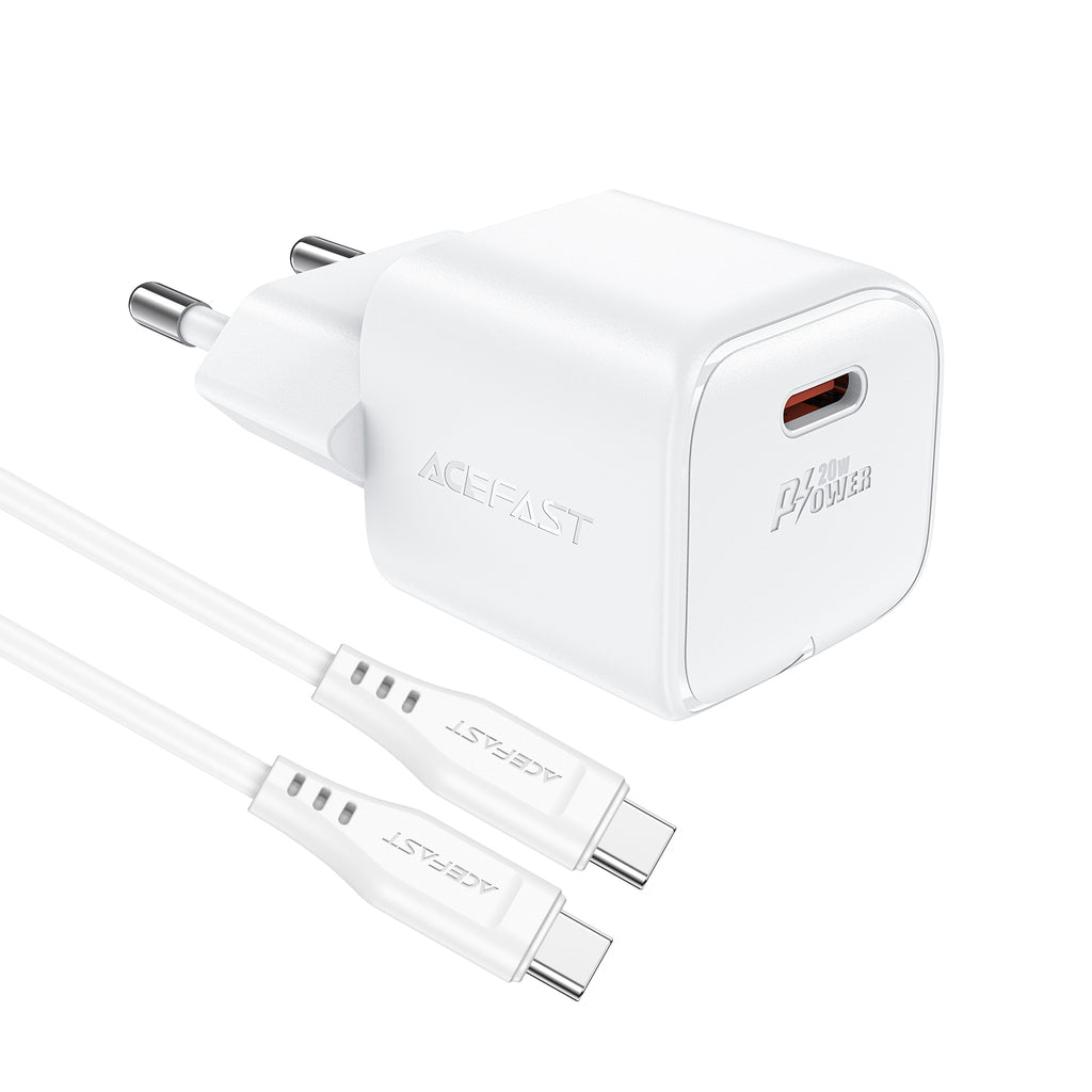 Acefast A73 Mini PD 20W GaN sieninis įkroviklis + USB-C laidas - baltas