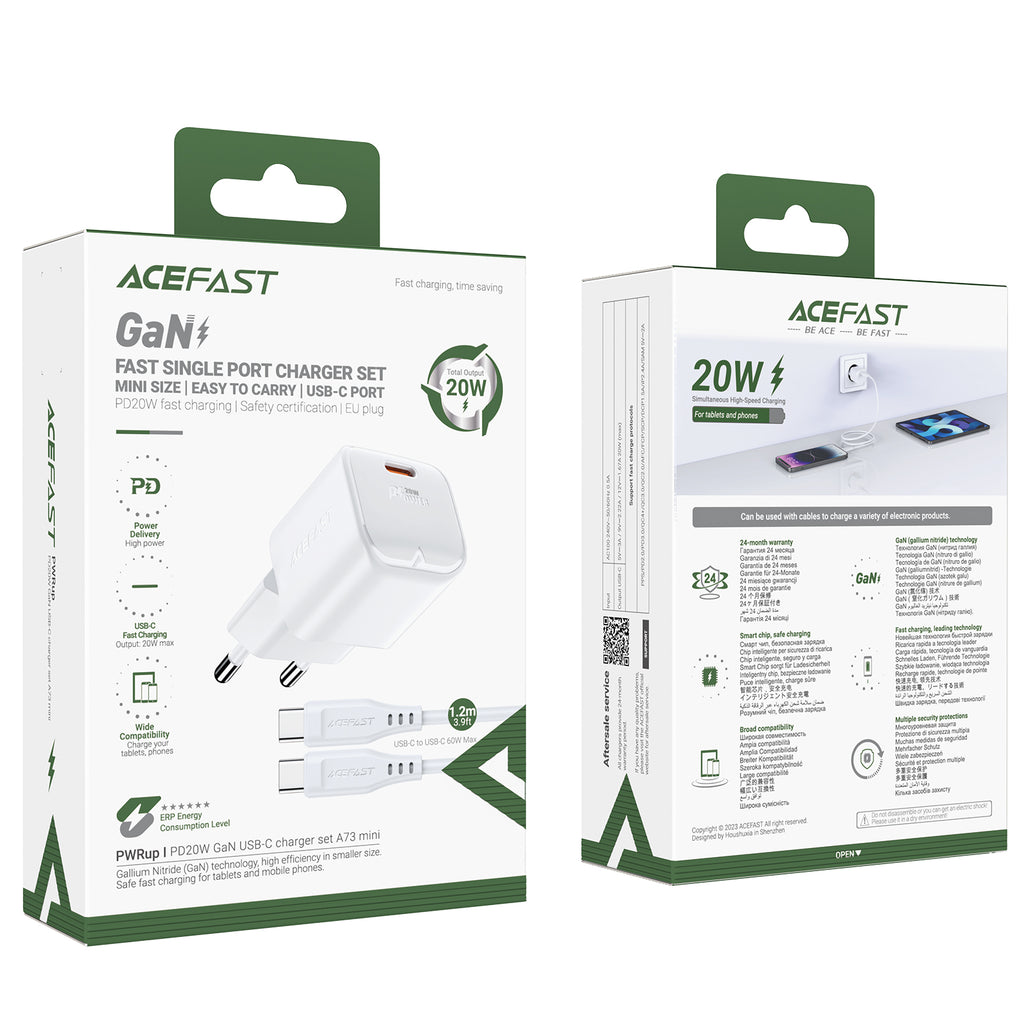 Acefast A73 Mini PD 20W GaN sieninis įkroviklis + USB-C laidas - baltas