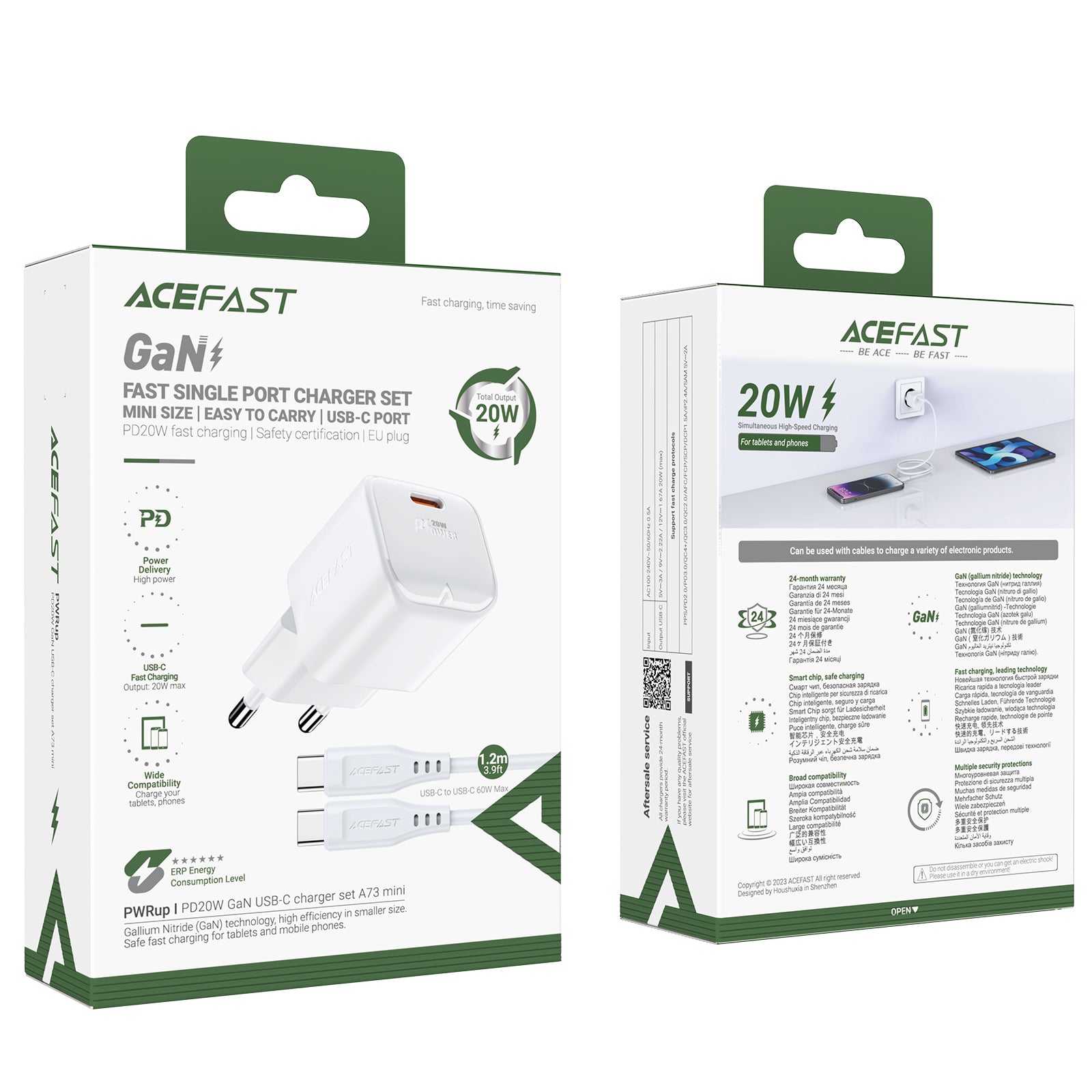 Acefast A73 Mini PD 20W GaN sieninis įkroviklis + USB-C laidas - baltas