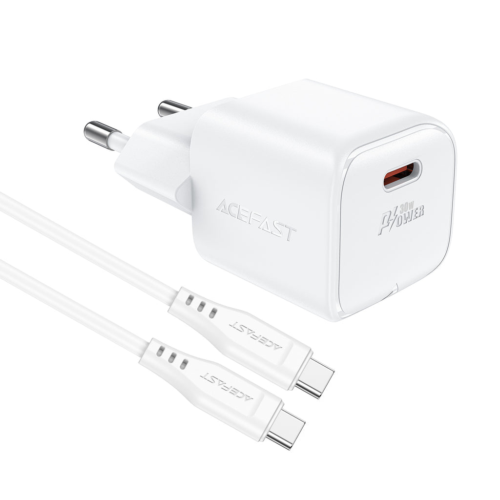 Acefast A77 Mini PD 30W GaN sieninis įkroviklis + USB-C laidas - baltas