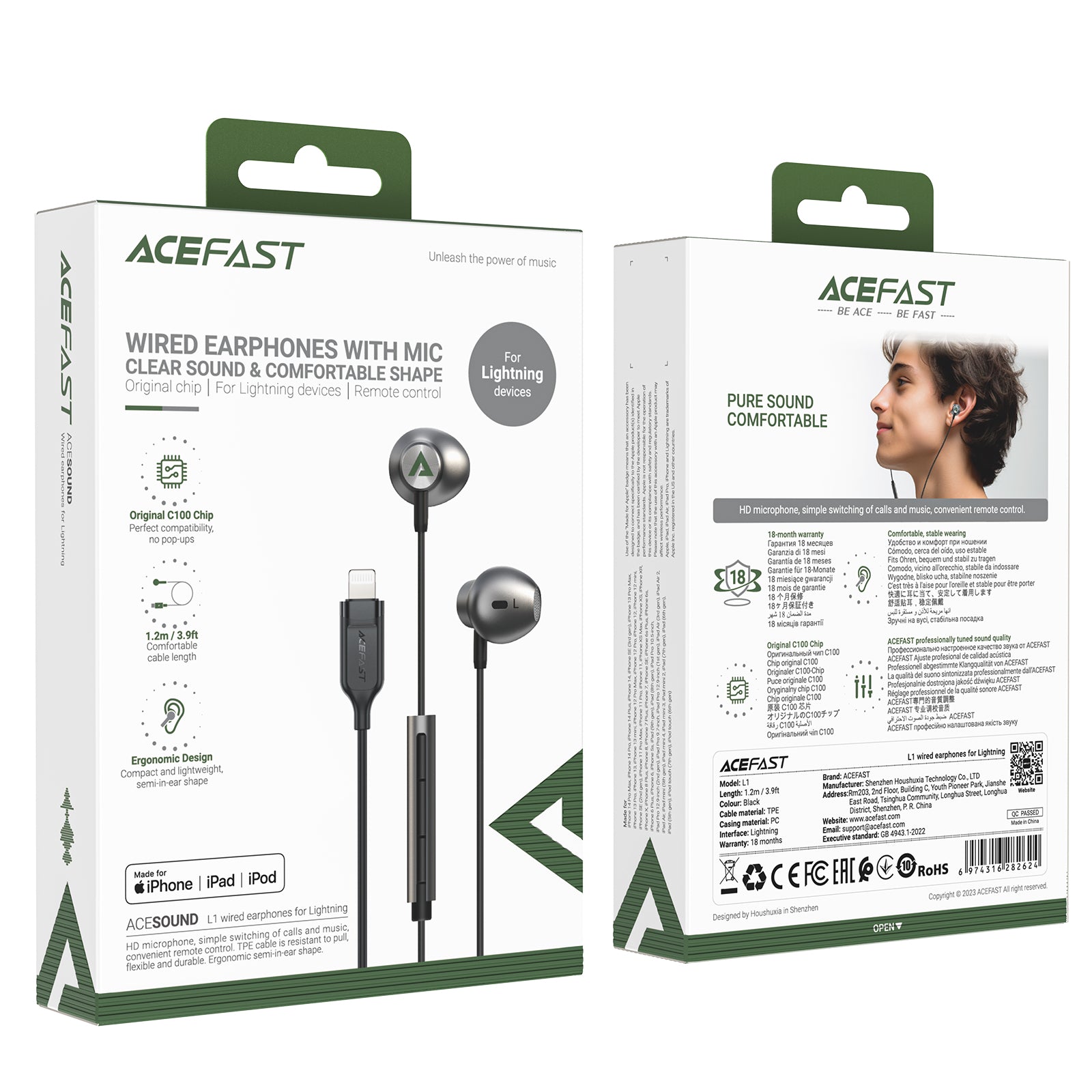 Acefast L1 į ausis įdedamos ausinės su Lightning jungtimi, mikrofonu ir nuotolinio valdymo pulteliu 1,2 m - juodos
