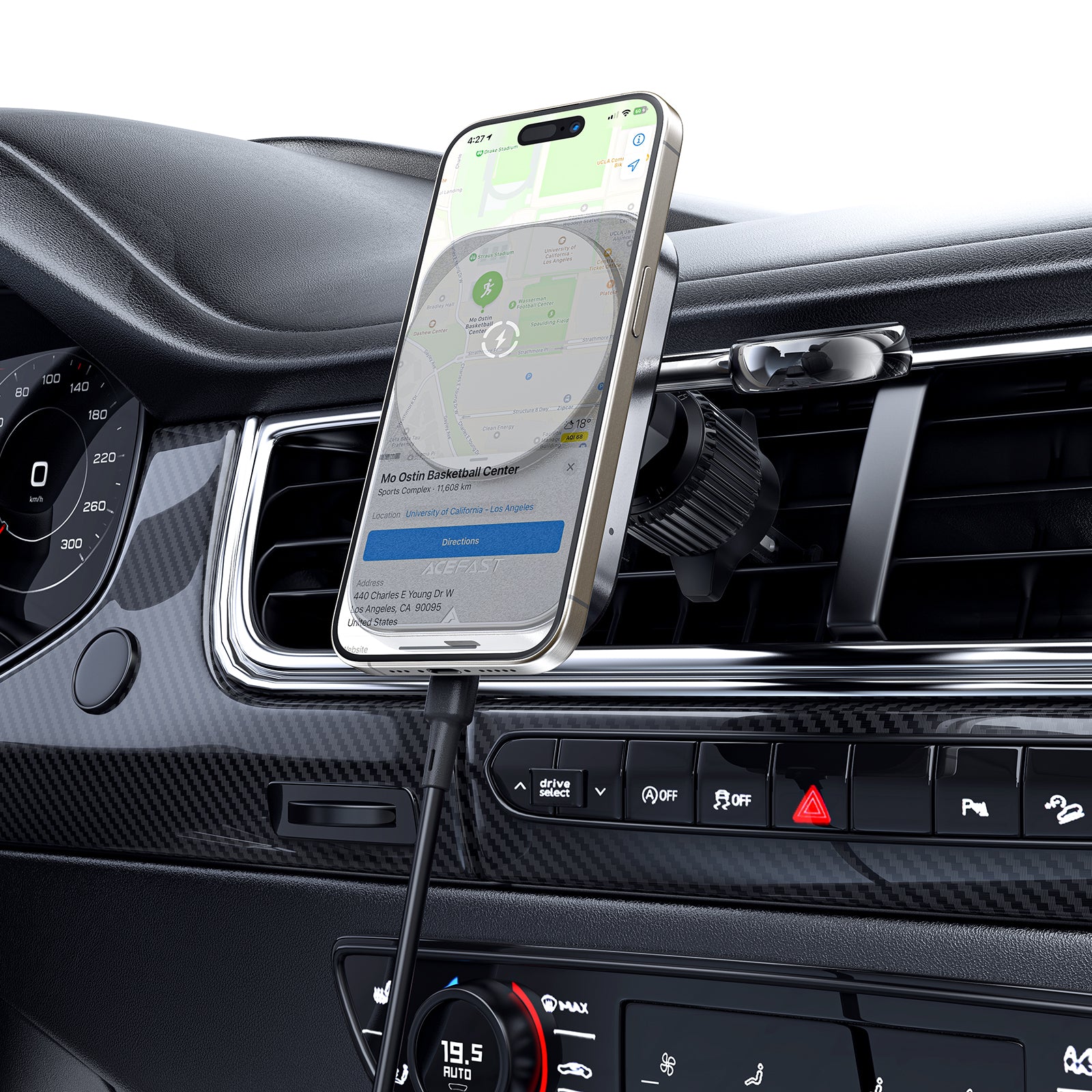 Acefast D18 automobilinis laikiklis su MagSafe / Qi indukciniu įkrovikliu + USB-A USB-C laidas - juodas