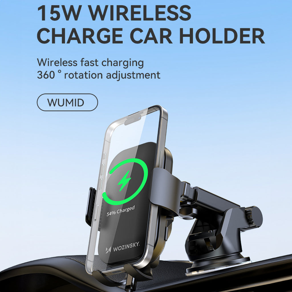 Wozinsky WUMID automobilinis prietaisų skydelio telefono laikiklis su 15W indukciniu įkrovikliu juodas