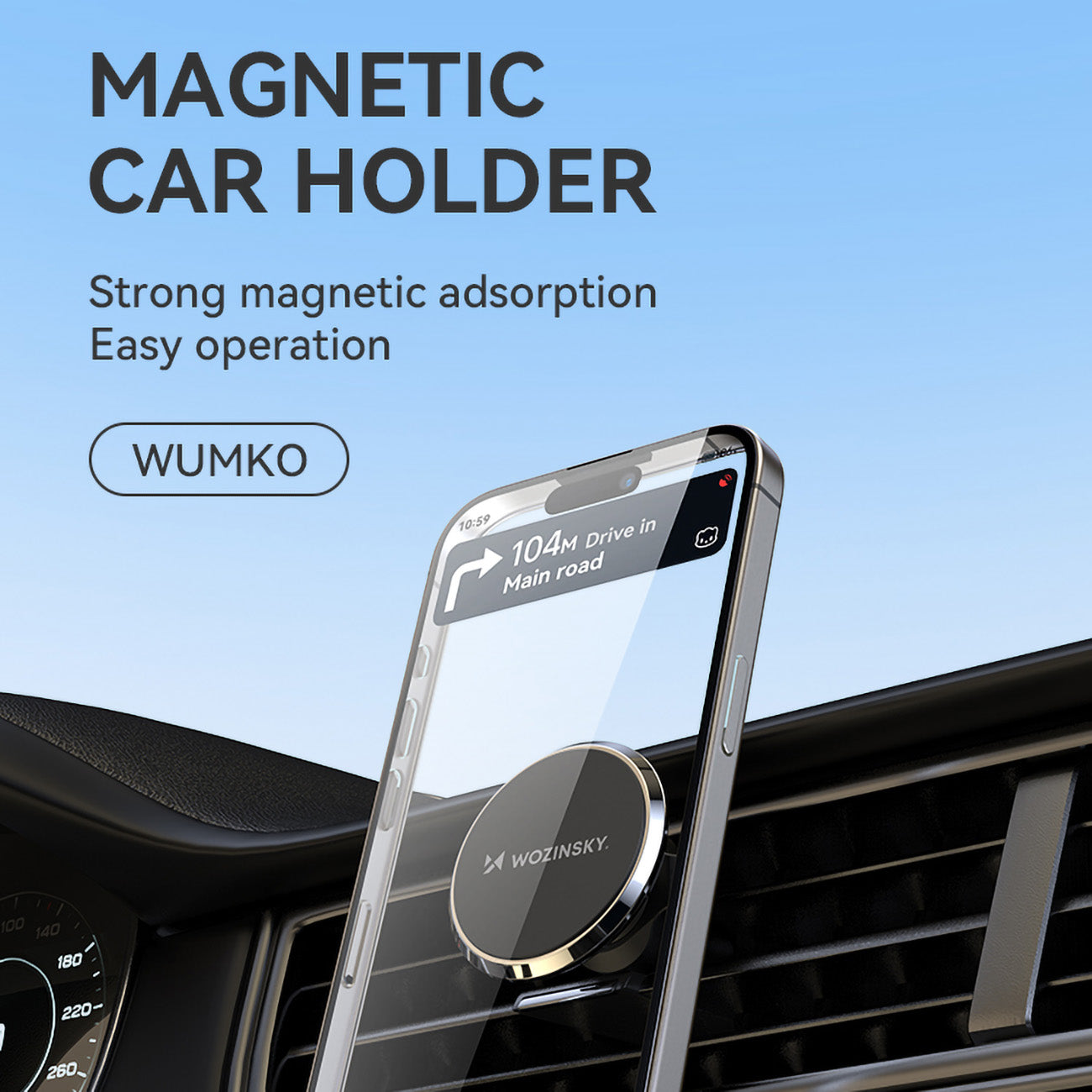 Wozinsky WUMKO magnetinis automobilinis telefono laikiklis oro grotelių angai, juodas
