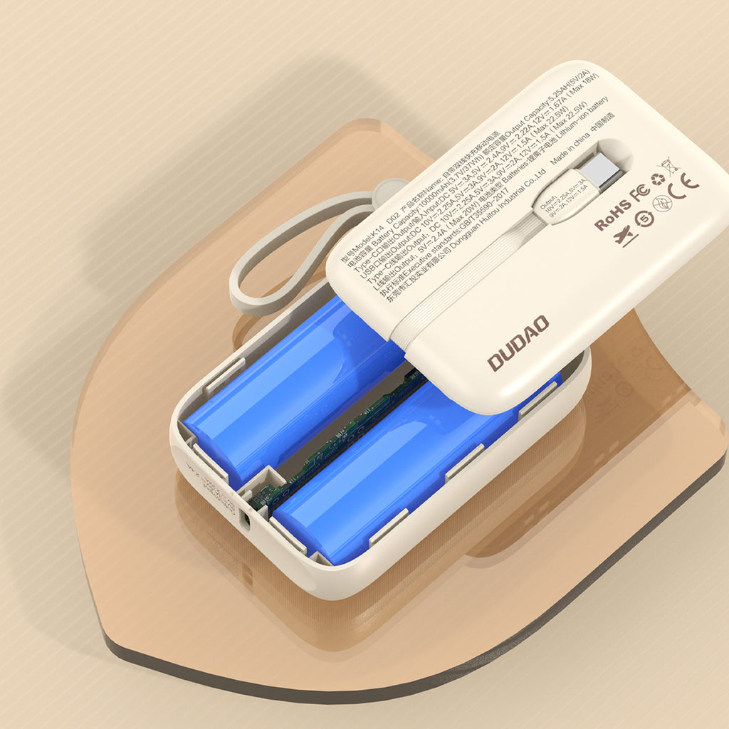 Dudao Išorinė baterija K14 10000mAh su USB-C / Lightning laidais - smėlio