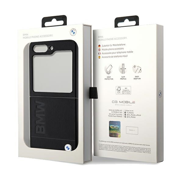 BMW Leather Hot Stamp dėklas Galaxy Z Flip5 – juodas -- Samsung Galaxy Z Flip 5