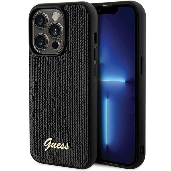Guess Sequin Script Metal dėklas iPhone 13 Pro Max – juodas