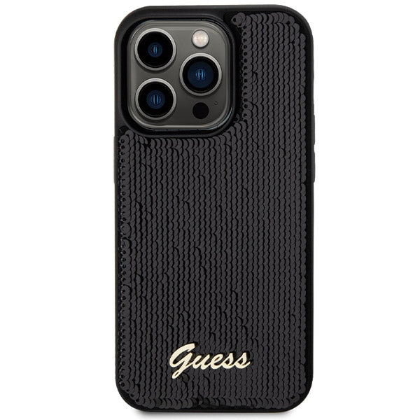 Guess Sequin Script Metal dėklas iPhone 13 Pro Max – juodas