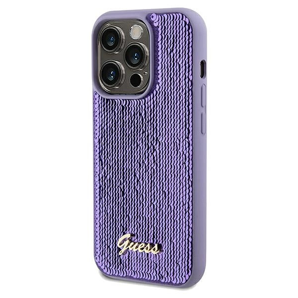 Guess Sequin Script Metal dėklas iPhone 13 Pro Max – violetinis