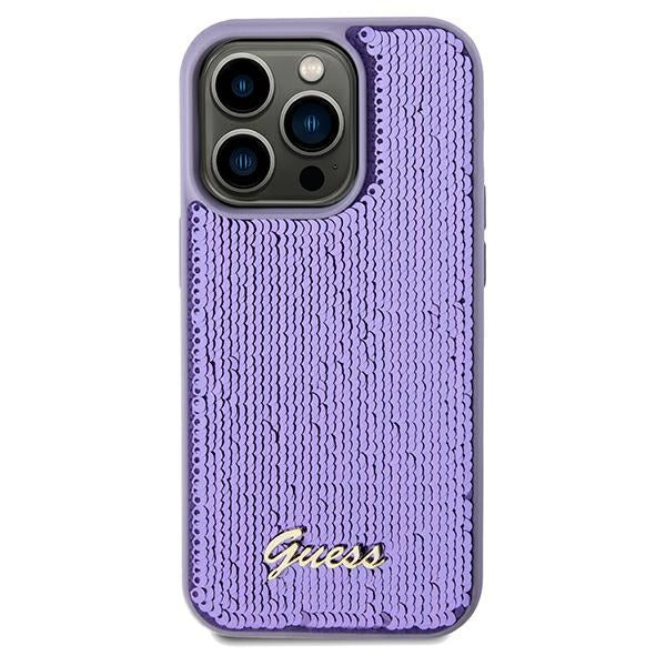 Guess Sequin Script Metal dėklas iPhone 13 Pro Max – violetinis