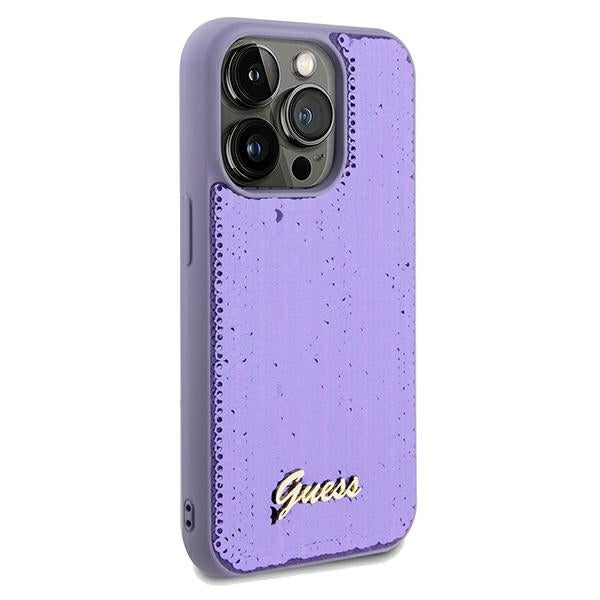 Guess Sequin Script Metal dėklas iPhone 13 Pro Max – violetinis