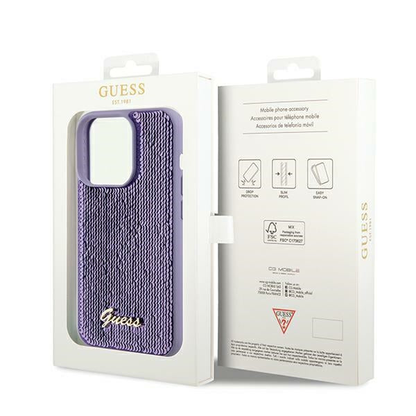 Guess Sequin Script Metal dėklas iPhone 13 Pro Max – violetinis