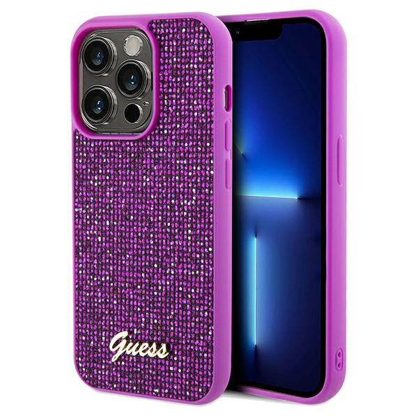 Guess Disco Metal Script dėklas iPhone 14 Pro – fuksija