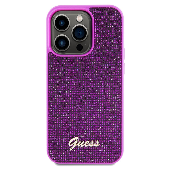 Guess Disco Metal Script dėklas iPhone 14 Pro – fuksija