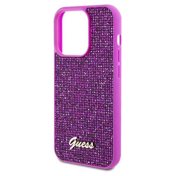Guess Disco Metal Script dėklas iPhone 14 Pro – fuksija