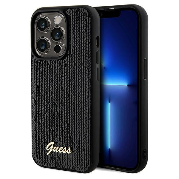 Guess Sequin Script Metal dėklas iPhone 14 Pro – juodas