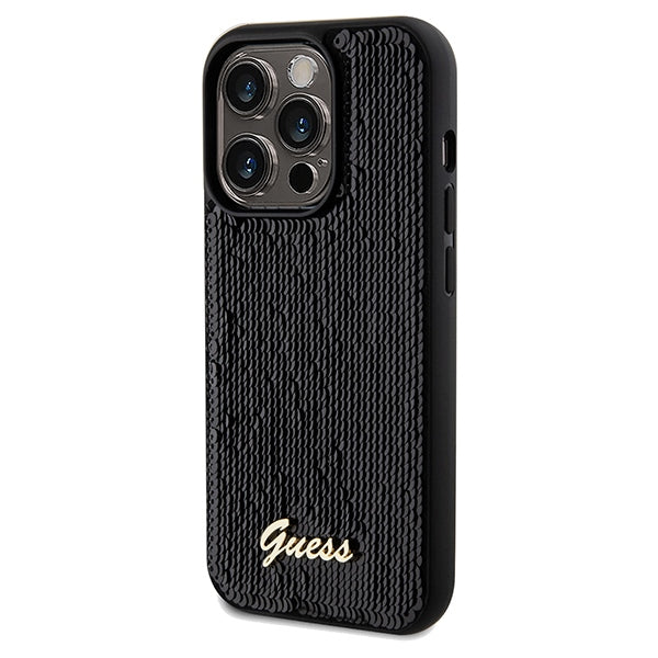 Guess Sequin Script Metal dėklas iPhone 14 Pro – juodas
