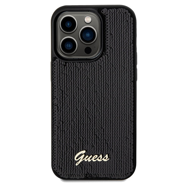 Guess Sequin Script Metal dėklas iPhone 14 Pro – juodas