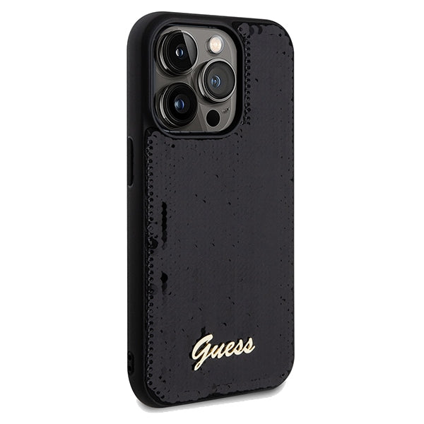 Guess Sequin Script Metal dėklas iPhone 14 Pro – juodas
