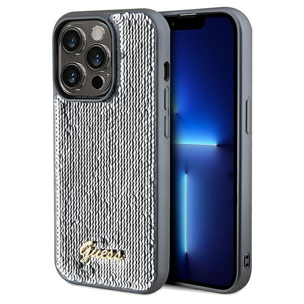 Guess Sequin Script Metal dėklas iPhone 14 Pro – sidabrinis
