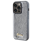 Guess Sequin Script Metal dėklas iPhone 14 Pro – sidabrinis