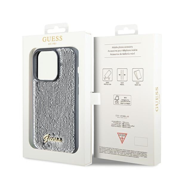 Guess Sequin Script Metal dėklas iPhone 14 Pro – sidabrinis