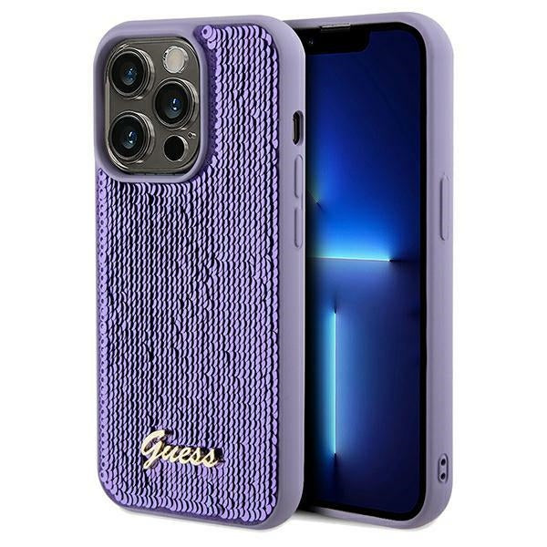 Guess Sequin Script Metal dėklas iPhone 14 Pro – violetinis