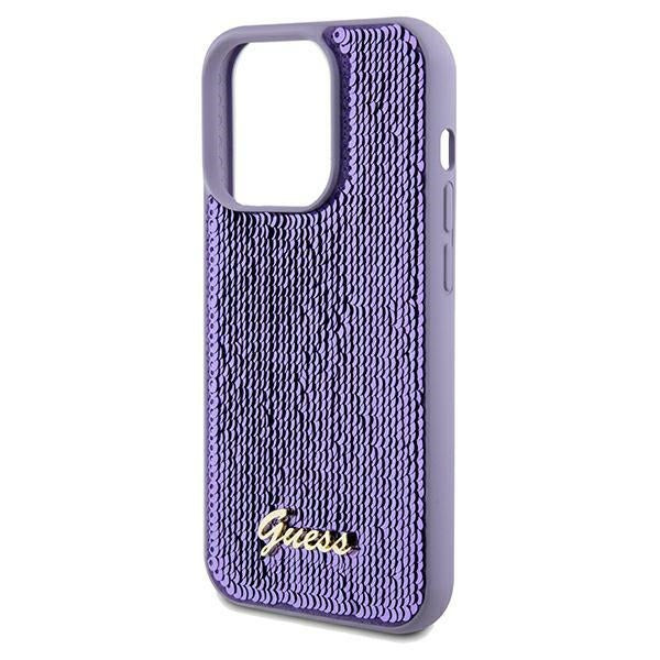 Guess Sequin Script Metal dėklas iPhone 14 Pro – violetinis