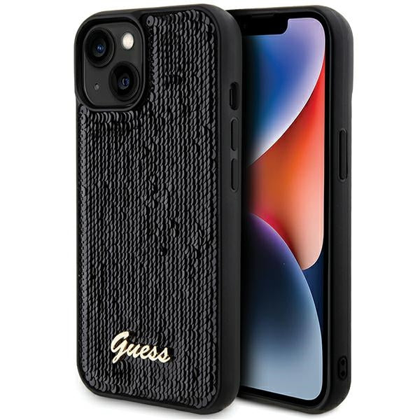 Guess Sequin Script Metal dėklas iPhone 14/15/13 – juodas