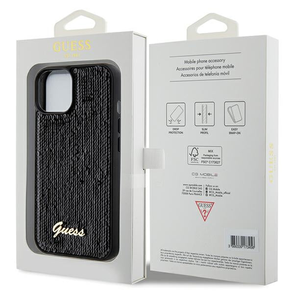 Guess Sequin Script Metal dėklas iPhone 14/15/13 – juodas