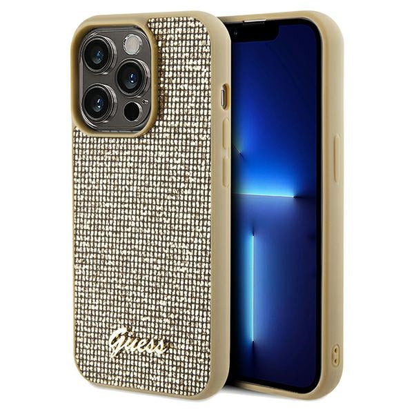 Guess Disco Metal Script dėklas iPhone 14 Pro Max – auksinis