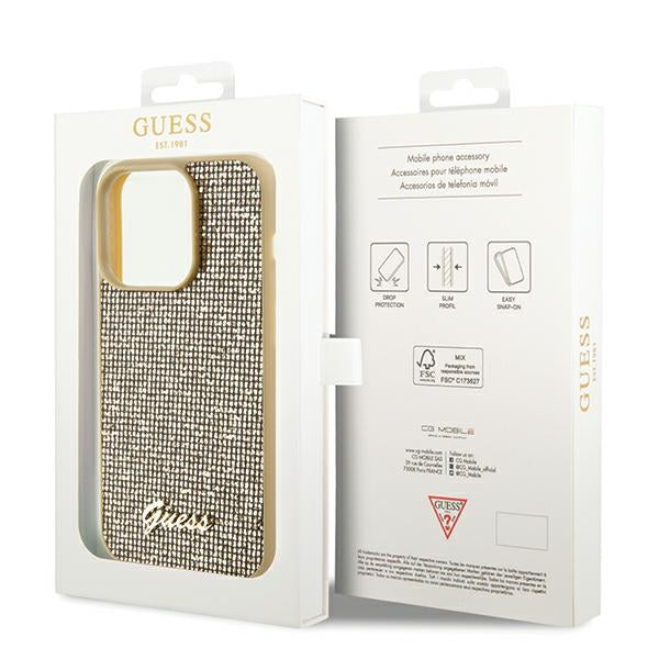 Guess Disco Metal Script dėklas iPhone 14 Pro Max – auksinis
