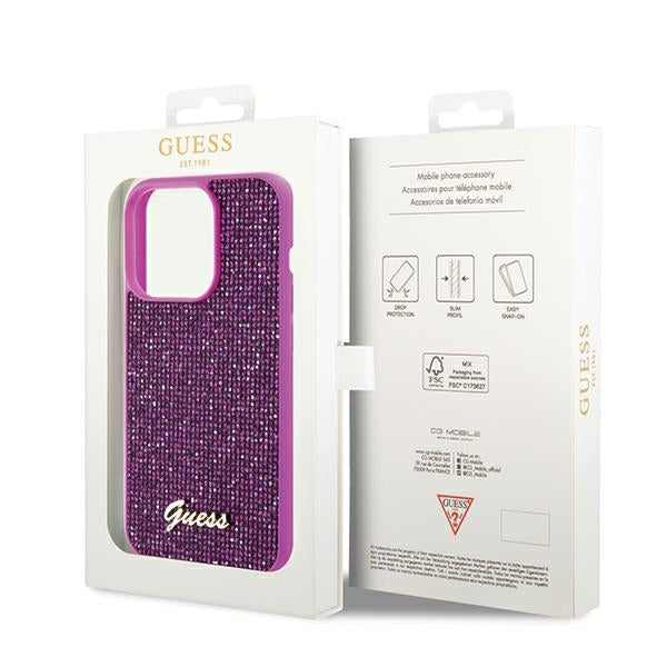 Guess Disco Metal Script dėklas iPhone 14 Pro Max – fuksija