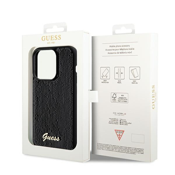 Guess Sequin Script Metal dėklas iPhone 14 Pro Max – juodas