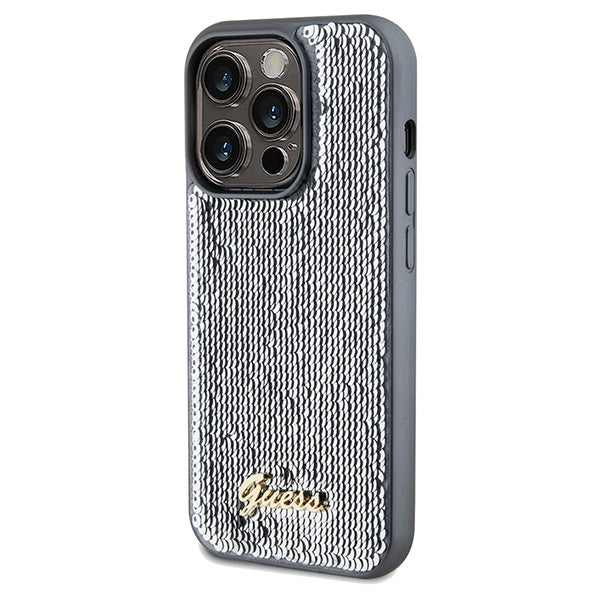 Guess Sequin Script Metal dėklas iPhone 14 Pro Max – sidabrinis