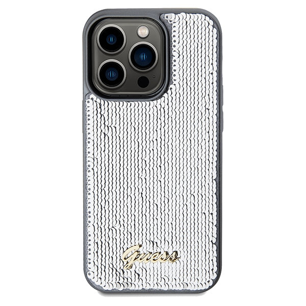 Guess Sequin Script Metal dėklas iPhone 14 Pro Max – sidabrinis