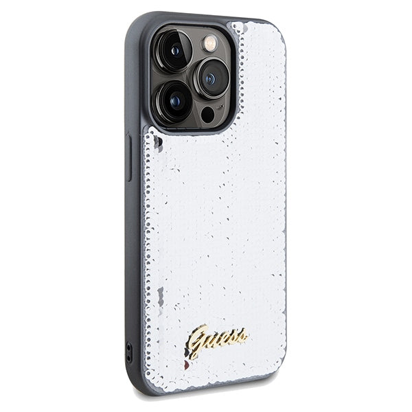 Guess Sequin Script Metal dėklas iPhone 14 Pro Max – sidabrinis