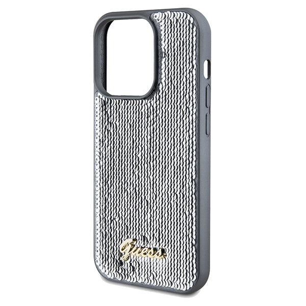 Guess Sequin Script Metal dėklas iPhone 14 Pro Max – sidabrinis