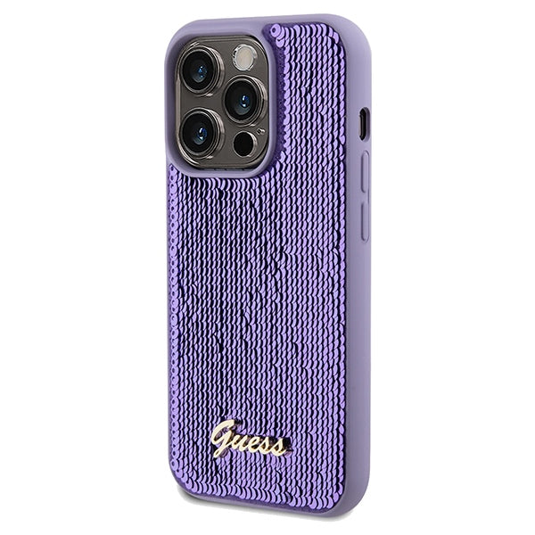 Guess Sequin Script Metal dėklas iPhone 14 Pro Max – violetinis