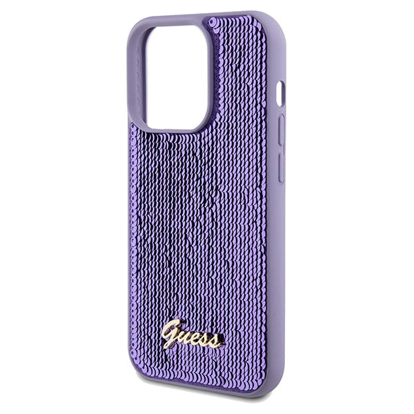 Guess Sequin Script Metal dėklas iPhone 14 Pro Max – violetinis