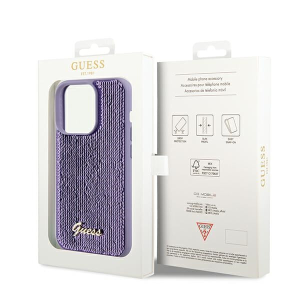 Guess Sequin Script Metal dėklas iPhone 14 Pro Max – violetinis