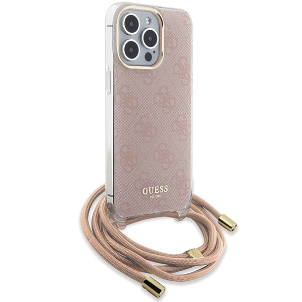 Guess Crossbody dėklas iPhone 15 Pro su virvele – rožinis
