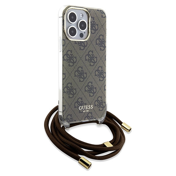 Guess dėklas iPhone 15 Pro Max su dirželiu – rudas
