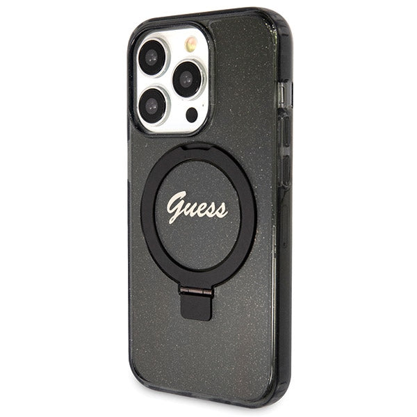 Guess MagSafe dėklas su žiedu-stovu iPhone 14 Pro – juodas