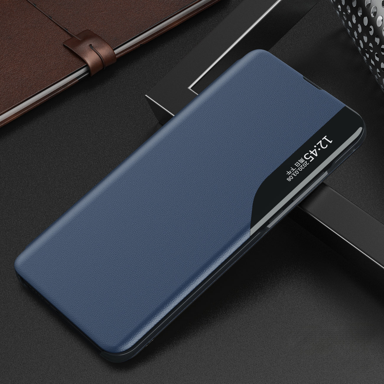 Atverčiamas ekologiškos odos dėklas Xiaomi POCO C65 / Redmi 13C – mėlynas