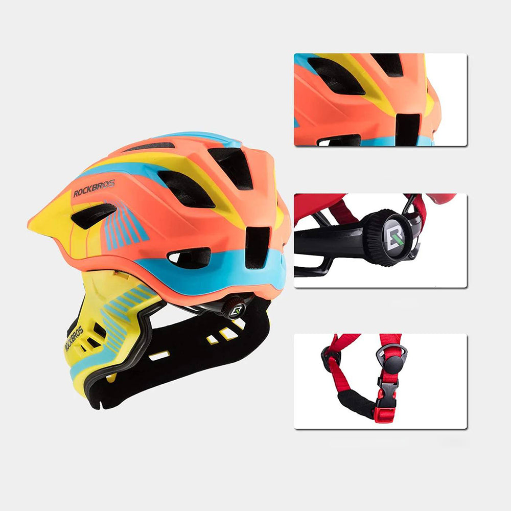 Rockbros TT-32SOYB-S vaikiškas dviračio šalmas su nuimama žandikauliu, dydis S - geltonai oranžinis -- Bicycle Helmets