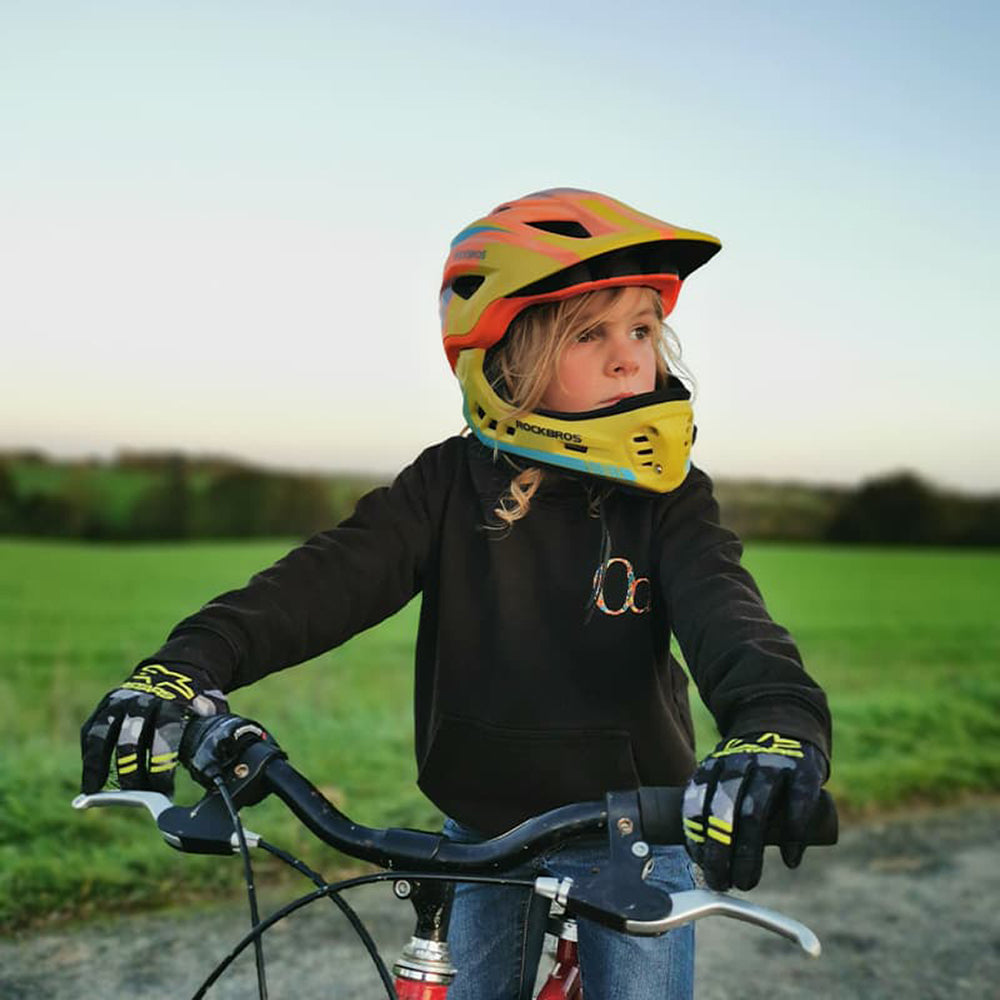 Rockbros TT-32SOYB-S vaikiškas dviračio šalmas su nuimama žandikauliu, dydis S - geltonai oranžinis -- Bicycle Helmets