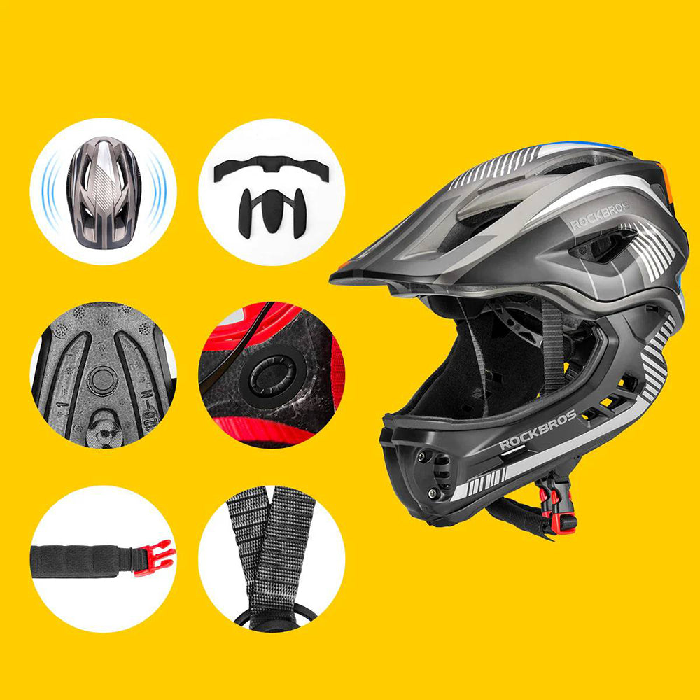 Rockbros TT-32SBTG-M vaikiškas dviračio šalmas su nuimama žandikauliu, dydis M - pilkas -- Bicycle Helmets