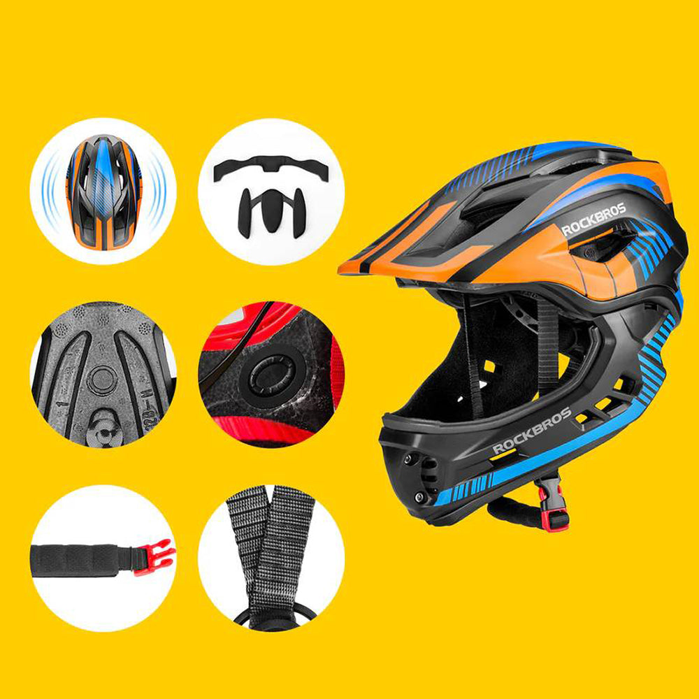 Rockbros TT-32SOBL-M vaikiškasis dviračio šalmas su nuimama bradelio apsauga, dydis M - juoda ir oranžinė -- Bicycle Helmets